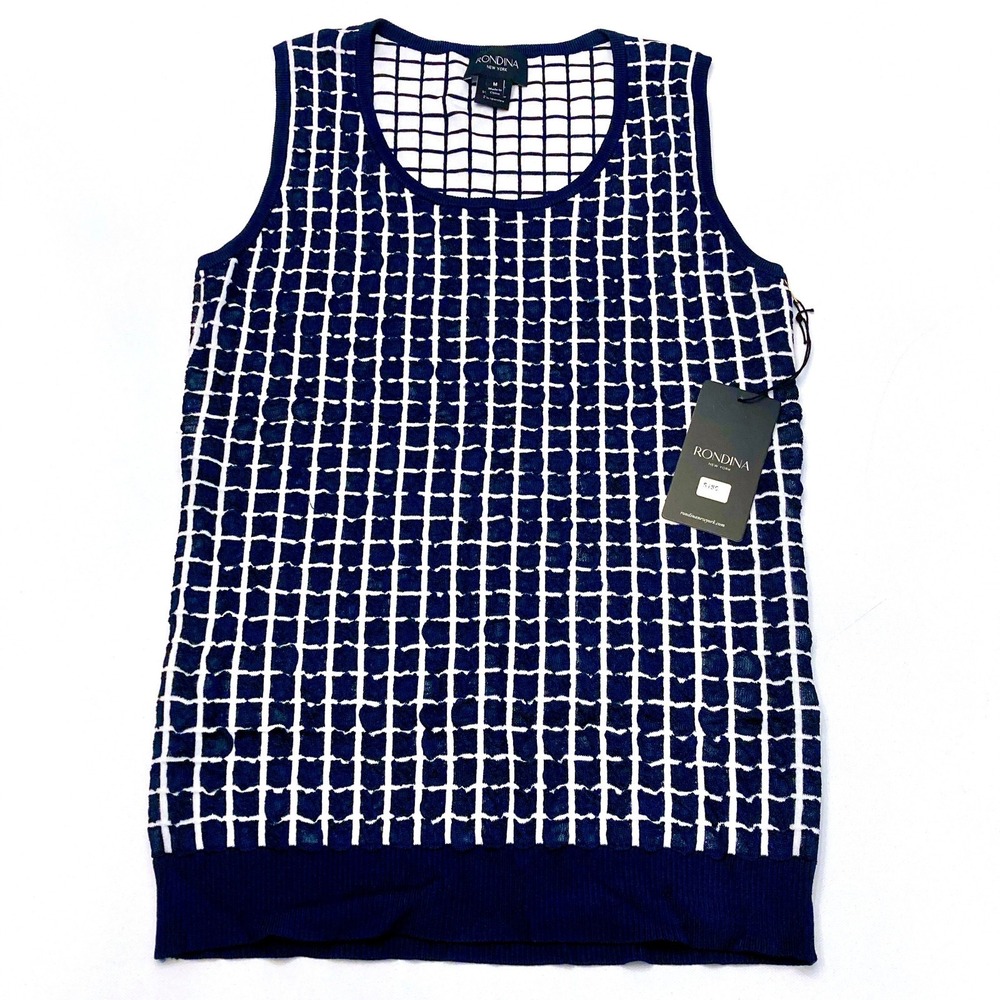 Rondina New York Tank Navy White Check Stretch Womens M MSRP $185 NEW Reversible